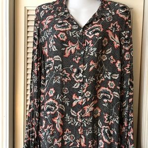 J.Jill EUC  Floral Tunic Blouse Shirt Large Black Pink Aqua L Spring Lightweight